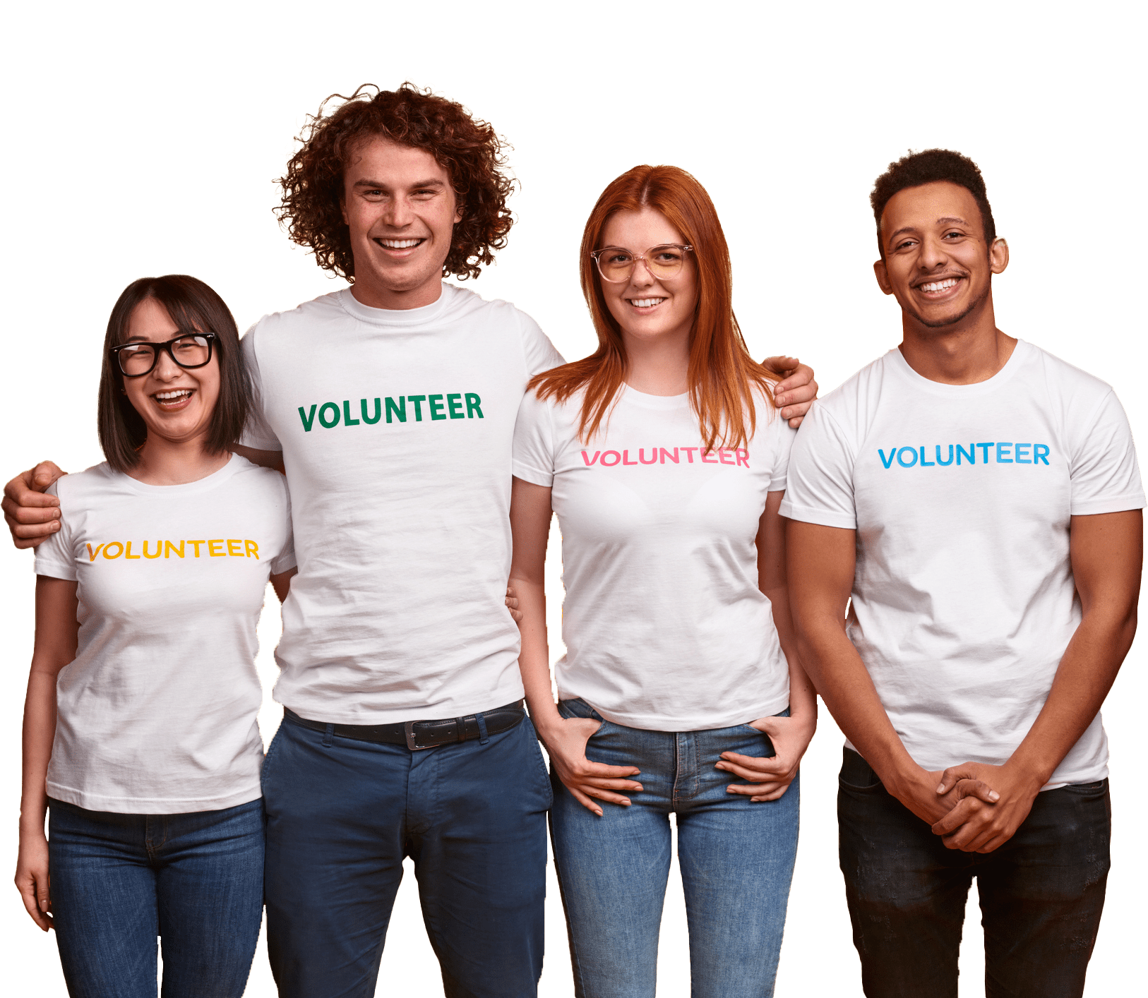 Group of diverse young people in volunteer T-shirts cheerfully smiling and looking at camera